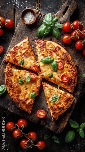 Delicious Pizza With Fresh Tomatoes and Basil Served on a Rustic Wooden Board