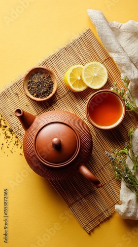 Relaxing Moment With Tea Preparation Using Teapot, Herbs, and Lemon on a Vibr...