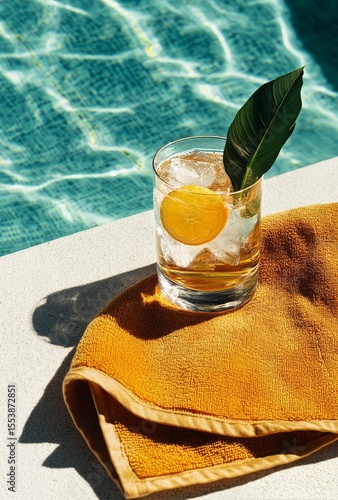 Refreshing Cocktail Beside Sparkling Pool on Sunny Day With Towel.