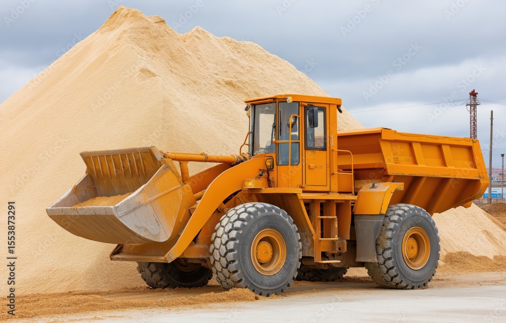 Fototapeta premium Wheel loader excavating and unloading sand at construction site during daylight