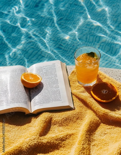 Enjoying a Tranquil Moment by the Pool With a Book, Orange, and Refreshing Dr...