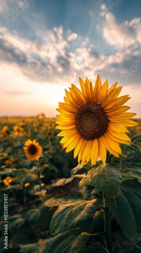 Sunflower Field at Sunset With Vibrant Blooms Under a Colorful Sky.