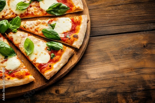 Delicious Freshly Baked Pizza Topped With Basil and Mozzarella on a Wooden Table