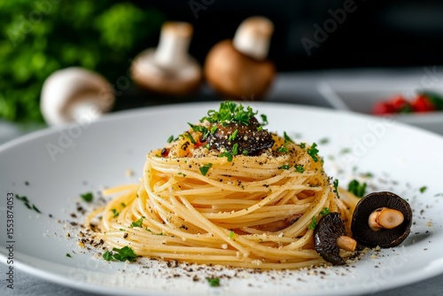 Delicious Spaghetti With Mushrooms and Herbs Served in a Modern Restaurant Se...