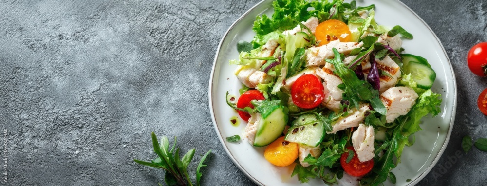 Fresh Delicious Mixed Salad with Cherry Tomatoes Cucumbers Lettuce and Grilled Chicken on White Plate on Grey Surface Fresh Delicious Mixed Salad with Cherry Tomatoes Cucumbers Lettuce and Grilled Chicken on White Plate on Grey Surface