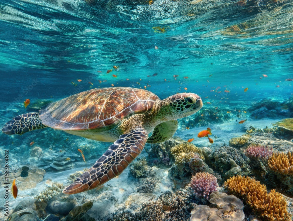 Fototapeta premium Vibrant underwater scene featu a swimming sea turtle among colorful coral reef and diverse marine life in clear ocean water
