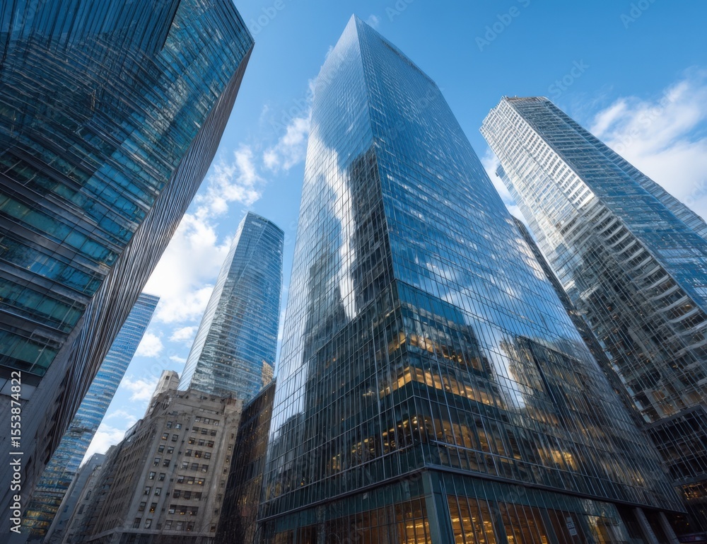 Modern glass skyscrapers towe high in the city with reflective surfaces and blue sky background showcasing urban architecture and development Modern glass skyscrapers towe high in the city with reflective surfaces and blue sky background showcasing urban architecture and development