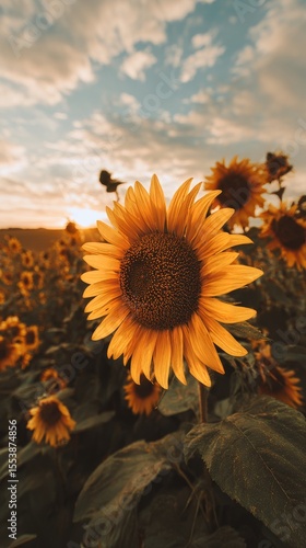 Sunflower Field at Sunset With Vibrant Blooms Under a Colorful Sky