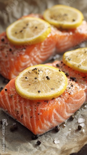 Fresh Salmon Filets Topped With Lemon Slices on Rustic Wooden Table.