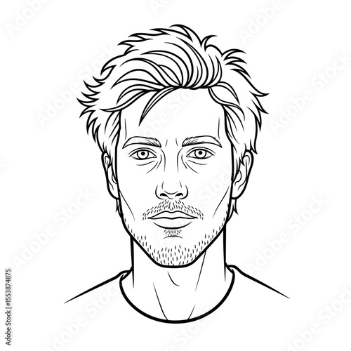Messy surfer hair with sun-bleached tips Portrait of a man with tousled hair and a relaxed expression, illustrated in black and white.