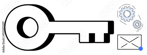 Large key symbolizing access paired with gears for problem-solving and an envelope for communication. Ideal for security, innovation, strategy, teamwork, connectivity, problem-solving, simple flat
