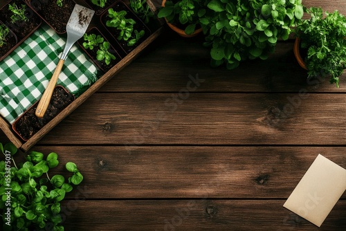 Garden Preparation and Planting Herbs on Wooden Table in Bright Environment