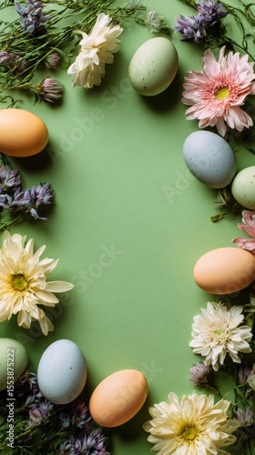 Colorful Easter Eggs Surrounded by Flowers on Green Background for Festive Ce...