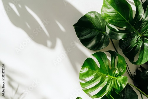 Lush Green Monstera Leaves Casting Shadows on a Light Wall in a Serene Indoor...