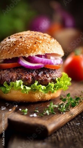 Juicy Beef Burger With Fresh Toppings on a Wooden Board With Vibrant Vegetabl...
