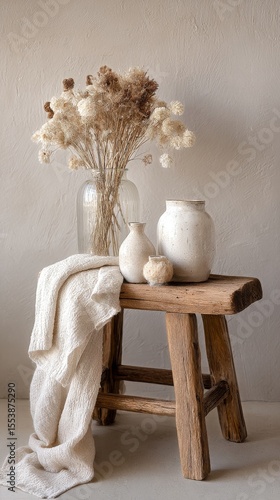 Stylish Arrangement of Dried Flowers on a Wooden Stool in Soft Morning Light.
