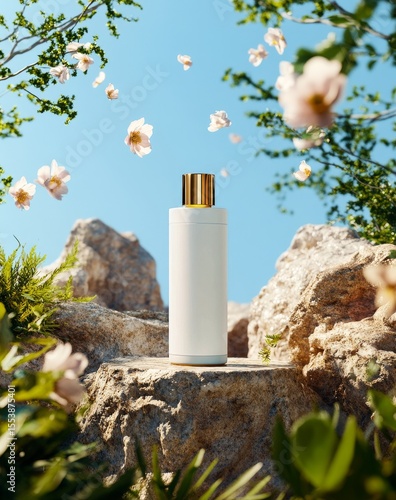 Elegant White Bottle on a Stone Pedestal Surrounded by Flowers and Blue Sky