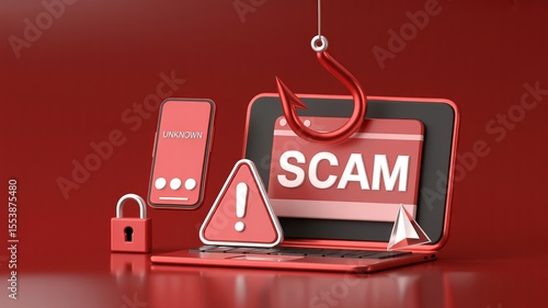 Online scam alert showing hook over computer, phone, and padlock symbolizing internet security threat.