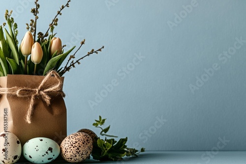 Colorful Spring Flowers and Decorative Eggs Arranged on a Pastel Blue Backgro...