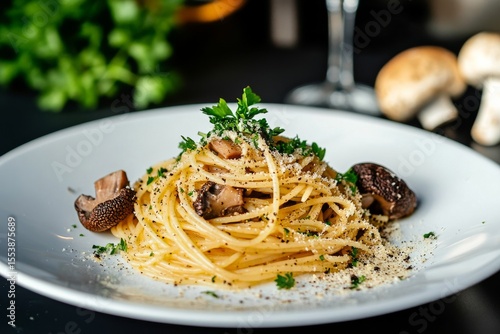 Delicious Spaghetti With Mushrooms and Herbs Served in a Modern Restaurant Se...