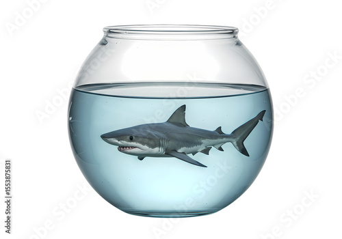 A Great White Shark in a Small Glass Bowl isolated on transparent baackground