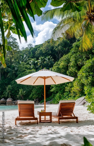 Relaxing Beach Setup With Lounge Chairs and Umbrella Under Palm Trees.