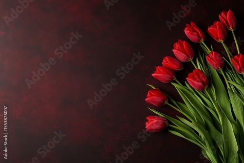 Bouquet of Red Tulips on a Dark Red Background With Green Leaves in a Stylish...