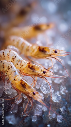 Fresh Shrimp Resting on Ice Ready for Preparation in a Seafood Market