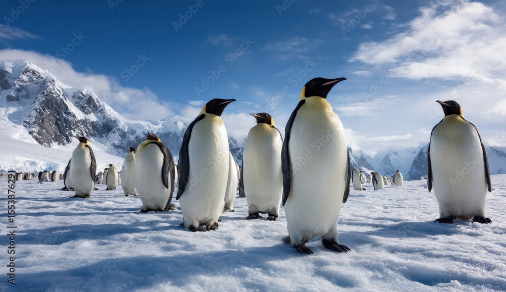 Obraz premium Diverse group of Emperor penguins standing on icy Antarctic landscape with snow-capped mountains under a partly cloudy sky du daytime