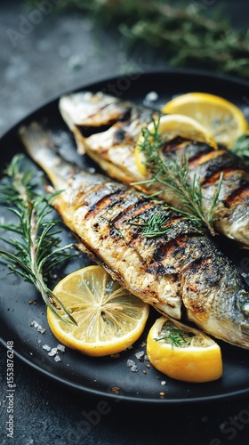 Grilled Fish With Lemon and Herbs on a Black Plate Ready for Serving at a Sum...
