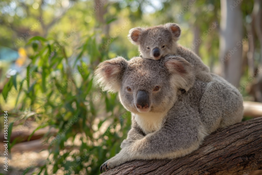 Obraz premium Cute koala bears resting on tree branch in natural eucalyptus forest setting du daytime with soft lighting and vibrant greenery background