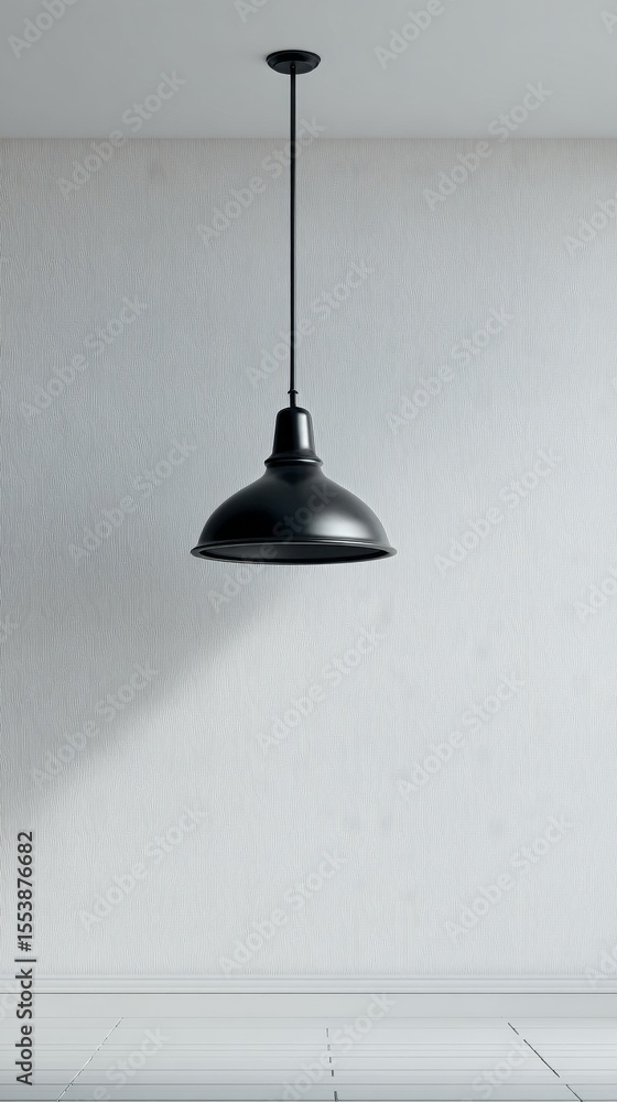 Obraz premium Modern Black Pendant Lamp Hanging in a Minimalist Interior With White Walls