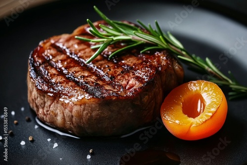 Grilled Steak With Apricot Garnish Served on a Dark Plate During a Gourmet Di...