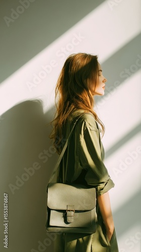 Woman in Green Attire With a Bag Stands Against a Wall With Soft Light Patterns