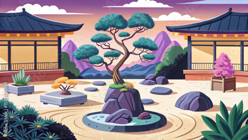 Zen rock garden featuring carefully placed stones, bonsai trees, and a peaceful ambiance vector ideal for meditation, harmony, and Japanese aesthetics