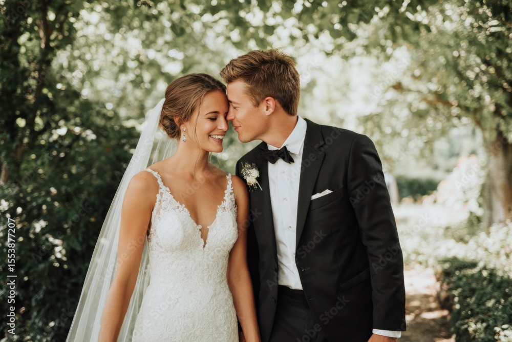 Happy bride and groom smiling and leaning together outdoors du wedding ceremony surrounded by trees and natural light Happy bride and groom smiling and leaning together outdoors du wedding ceremony surrounded by trees and natural light