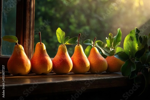 Freshly Picked Pears Arranged on a Rustic Windowsill With Natural Sunlight
