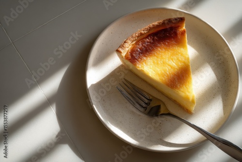 Delicious golden baked cheesecake with caramelized top on a round ceramic plate with a fork, captured in natural daylight with shadows