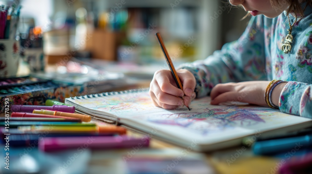Child's hand drawing with colored pencils on sketchbook in art classroom or studio with art supplies and creative workspace Child's hand drawing with colored pencils on sketchbook in art classroom or studio with art supplies and creative workspace