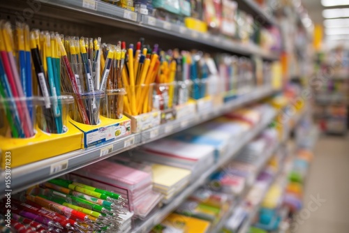 Wide-angle view of a well-organized stationery aisle in a retail store with colorful pens pencils notebooks and office supplies neatly arranged on shelves