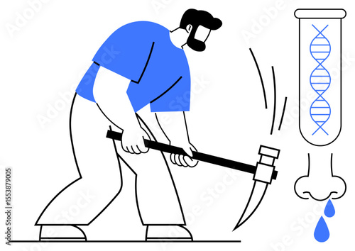 Man swings a sledgehammer towards glass containing DNA helix, alongside dripping nose. Ideal for science, genetics, research ethics, health impacts, bioengineering risks, medical innovation, simple