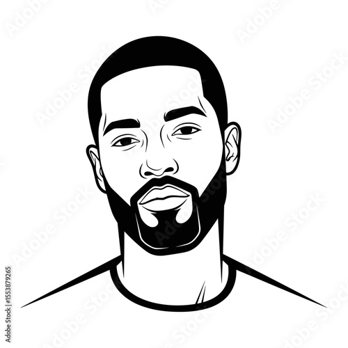 Man with a short boxed beard and clean lines on jaw Portrait of a man with a beard and a serious expression, illustrated in black and white for barbershop theme.