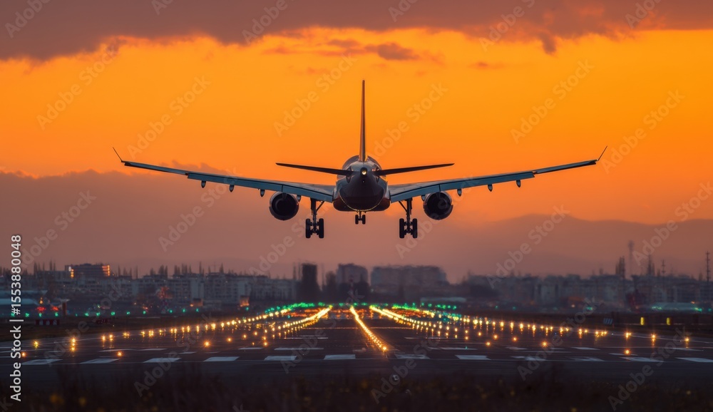Commercial airplane landing on runway du vibrant sunset with city skyline in background and orange sky with clouds Commercial airplane landing on runway du vibrant sunset with city skyline in background and orange sky with clouds