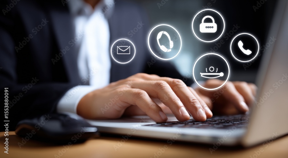 Naklejka premium Modern business professional using laptop with floating digital communication icons including email phone cloud and chat in futuristic workspace scene