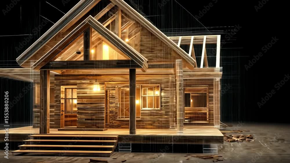 Wood framed house under construction with digital overlay Wood framed house under construction with digital overlay