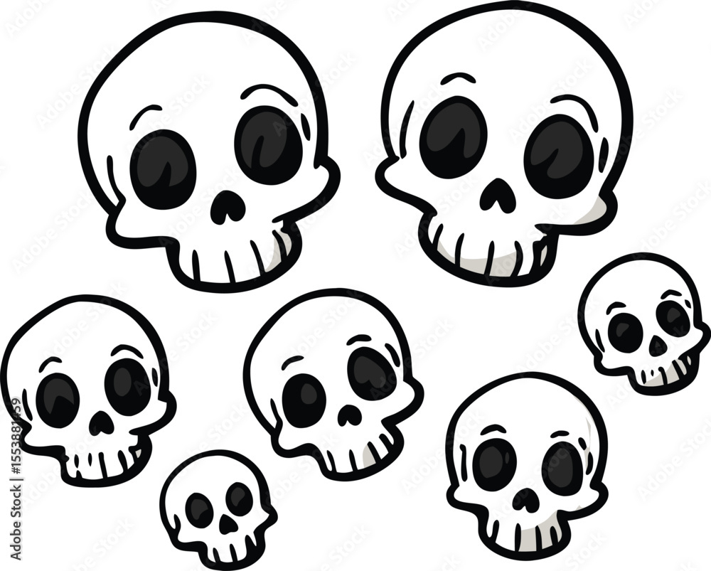 Playful Vector Doodle Set of Mini Skeleton Skulls with Cute and Creepy Faces – Sketchy Hand-Drawn Style
Playful Vector Doodle Set of Mini Skeleton Skulls with Cute and Creepy Faces – Sketchy Hand-Drawn Style