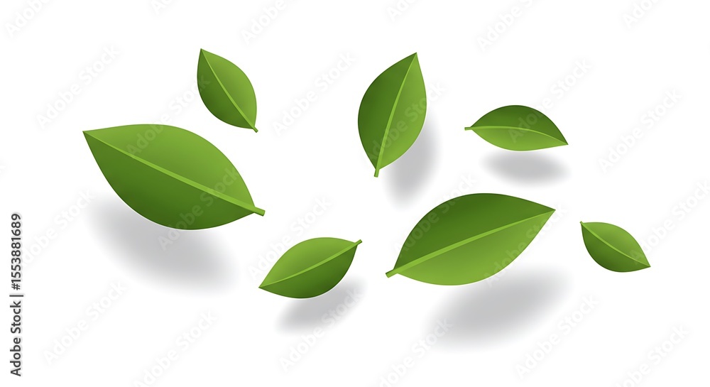 Naklejka premium Vibrant Green Leaves Falling, Isolated on White, Fresh Spring Nature Background, Eco-Friendly Design Element.
