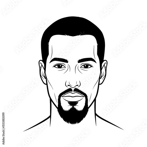Man with extended goatee and clean cheeks Portrait of a clean-shaven man with a goatee and a serious expression, illustrated in black and white.