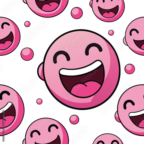 Seamless Vector Pattern of Round Pink Emoji Faces with Joyful Expressions and Blushing Cheeks – Cartoon Style


