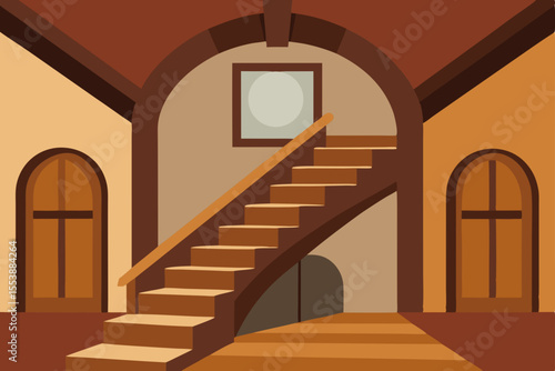 Empty light-filled grand hall with a wooden staircase leading to an old abandoned church entrance